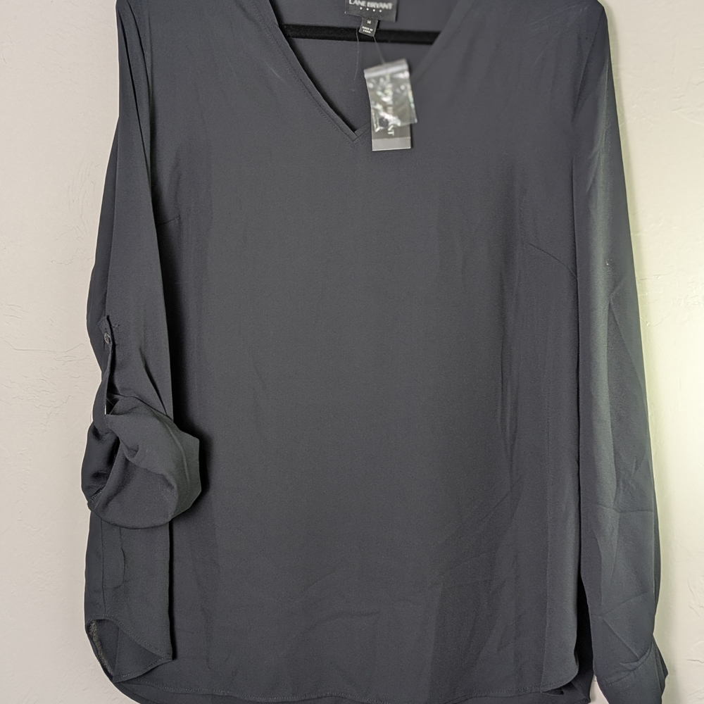 Lane Bryant Black V-neck Lined Chiffon Roll Tab Blouse Wmns Sz14 Elegant Classic